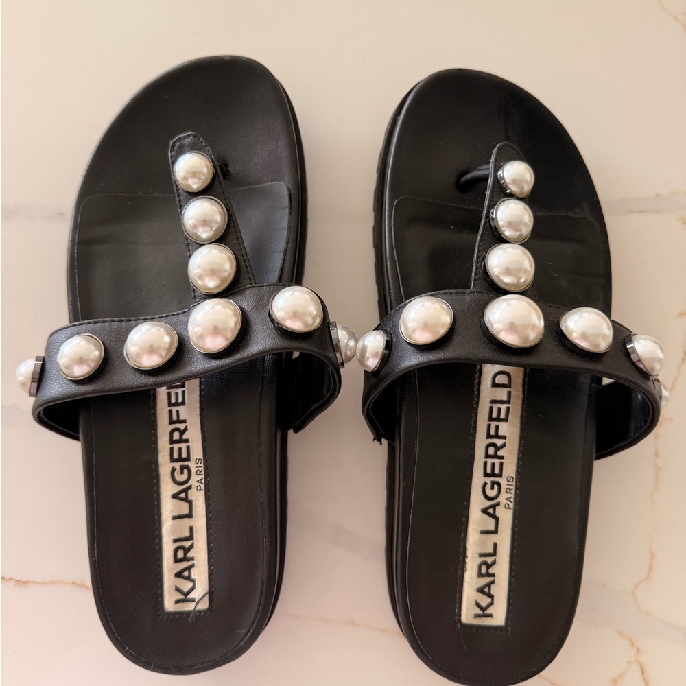 Karl Lagerfeld Black Slide Sandals with Pearl Studs